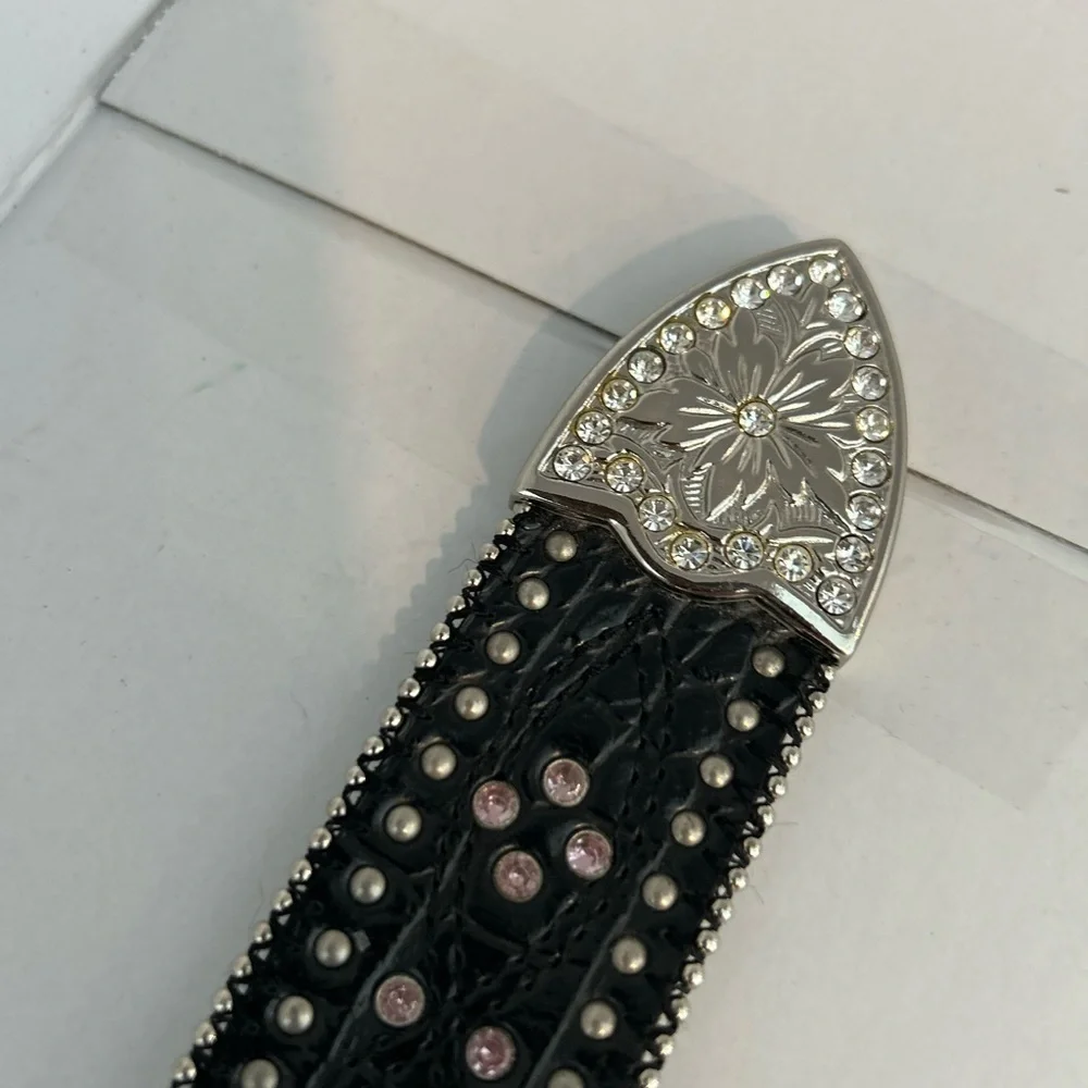 Womens Black Belt Pink,Blue & Silver Gems W/ Interchangeable Buckle  Size L 41”